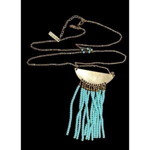 Jane Marie Gold Tone Blue Glass Pendant Fringe Necklace